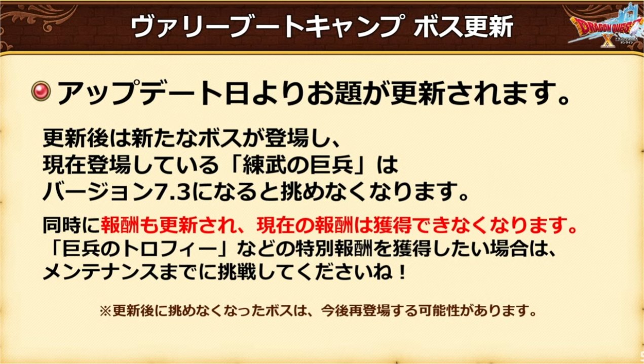 ヴァリーブートキャンプボス更新、注意事項